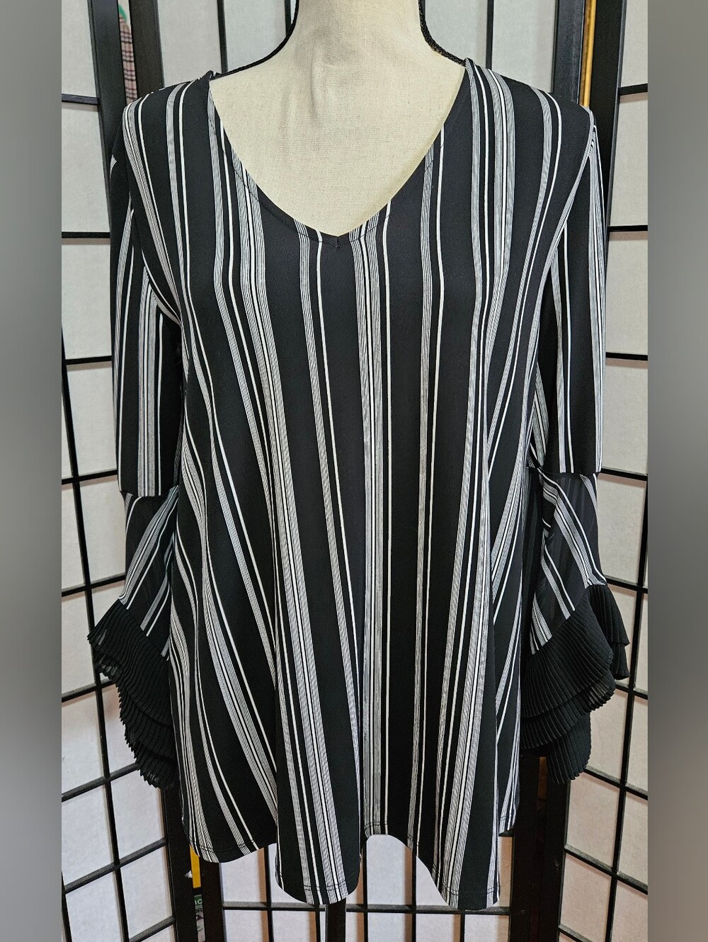 Woman's Alfani Small Striped Pleated-Cuff Knit Blouse